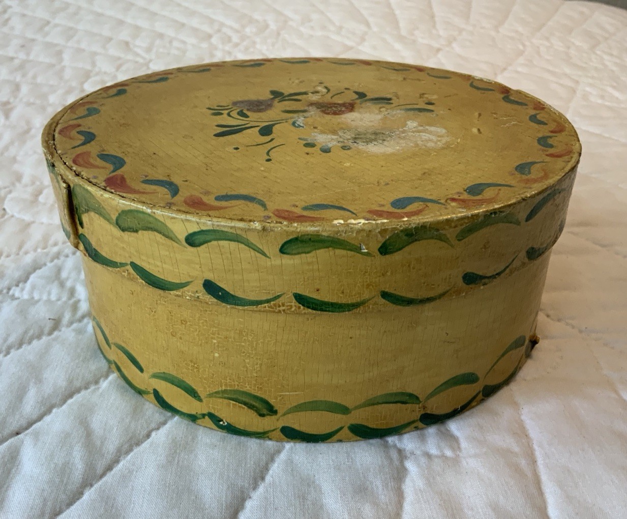 Antique Primitive Wood Pantry Box, 6 1/2” Round, Yellow, Folk Art Painting