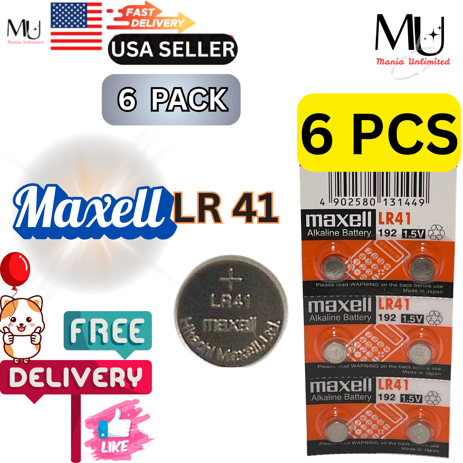 6 PCS LR41 Maxell Fresh Stock AG3 392A 192 SR41 LR736 392 Alkaline Battery 2028+