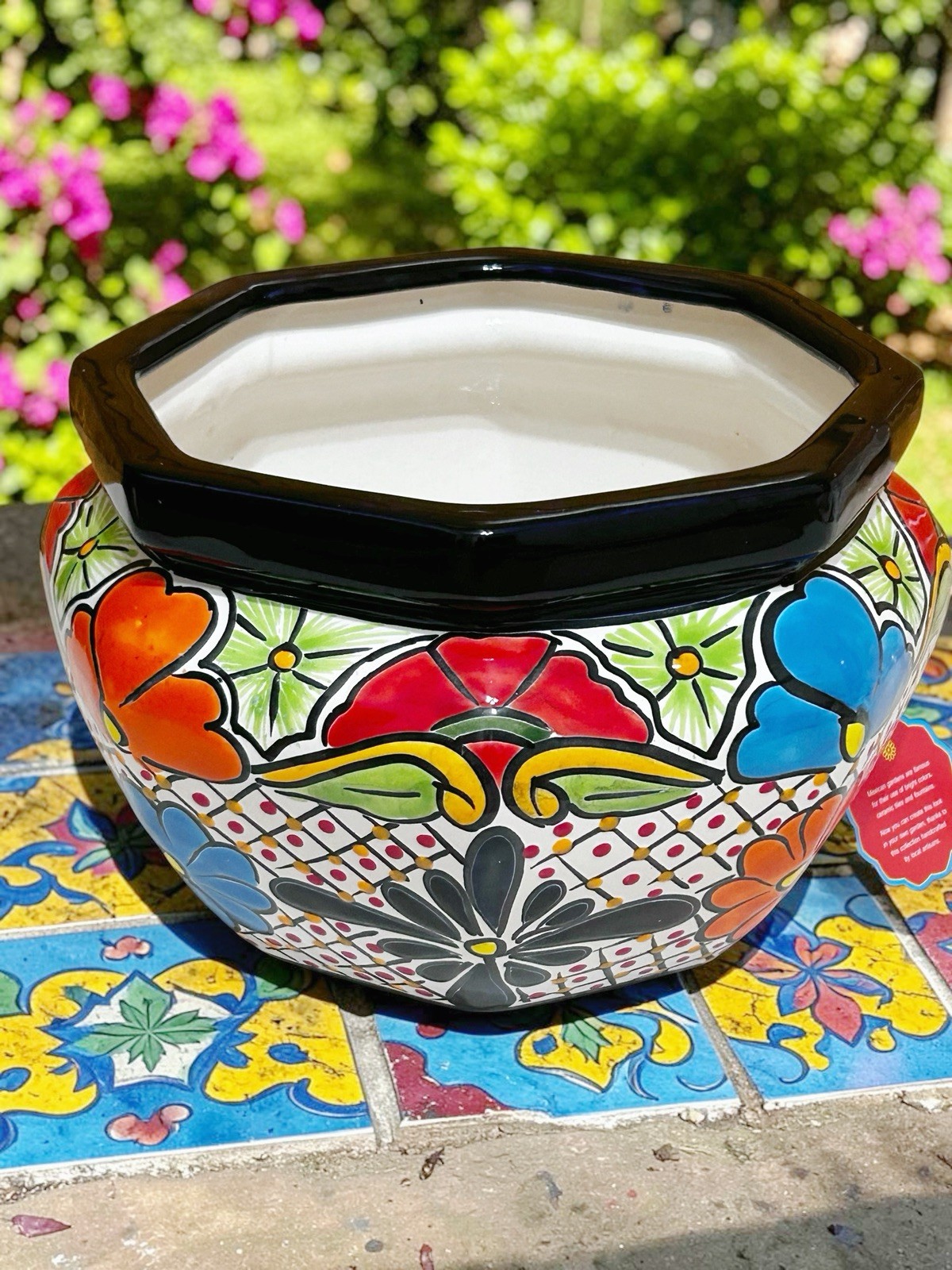 Talavera Style Glazed Ceramic Multicolor Round Bowl Planter Pot, Medium