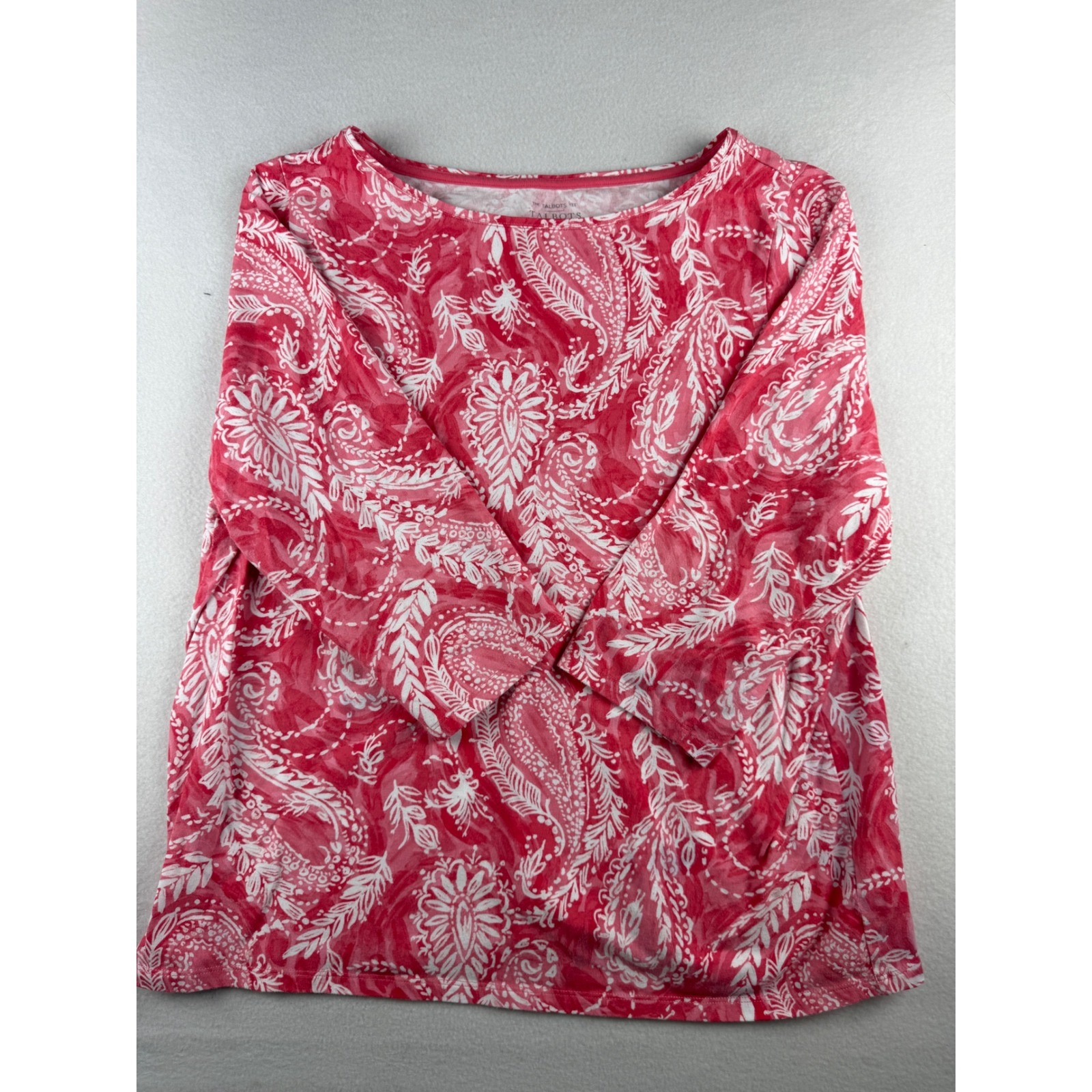 Talbots Plus 2X Pink White Paisley Boat Neck 3/4 Sleeve Cotton Stretch Knit Top