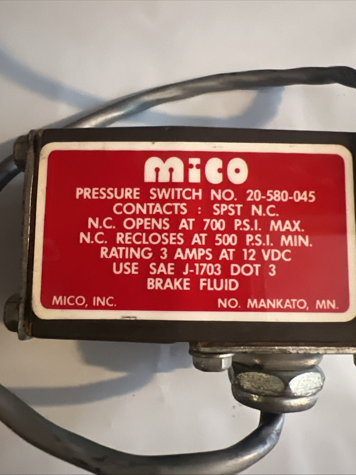 Mico Genuine Adjustable Pressure Switch No. 20-580-045.  500psi