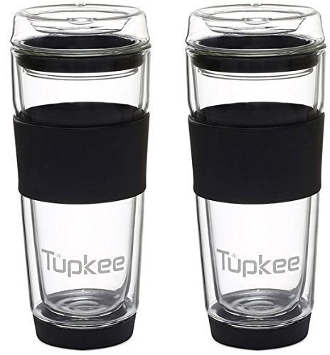 Tupkee Double Wall Glass Travel Tumbler - 14-Ounce, All Glass - Black - 2 Pack