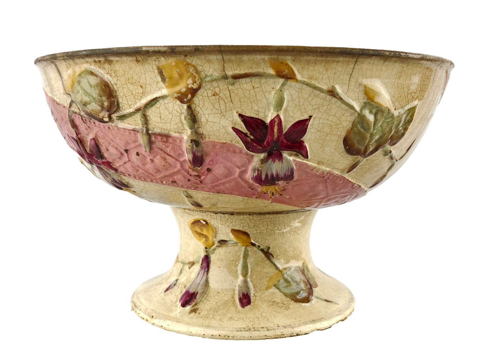 Antique Majolica Ribbon and Fuchsia Hanging Flowers Pedestal Bowl 1880's