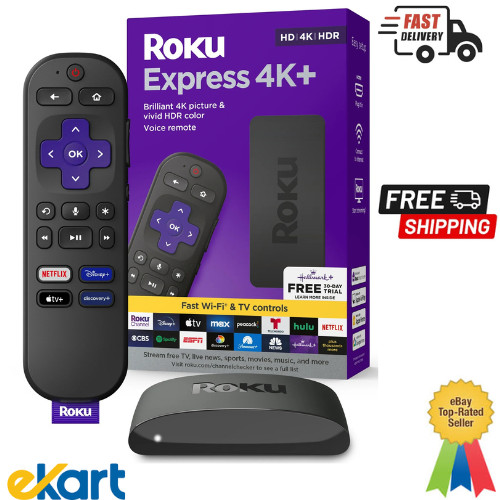 Roku Express 4K+ | Roku Streaming Device 4K/HDR, Roku Voice Remote, Free & Live