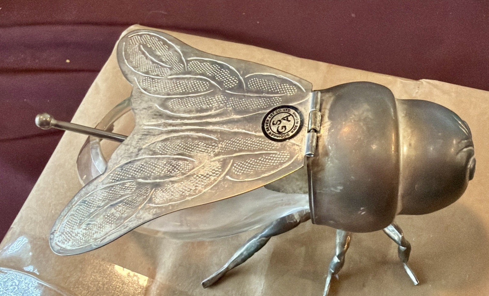 Vintage Godinger Silver Art Silverplate Bee Glass Holder bowl Orig Spoon MCM Fab