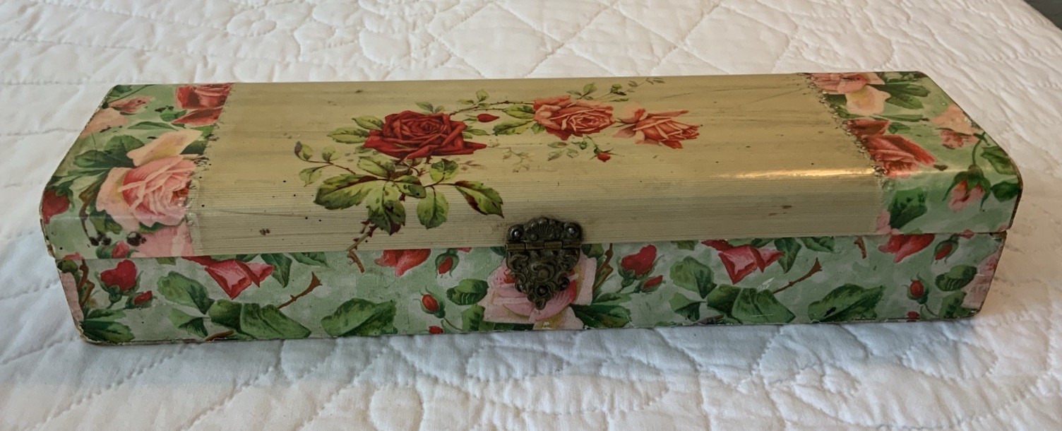 Antique Celluloid Vanity Or Glove Box, Roses, Leaves, Flowers, Inside Is Damaged