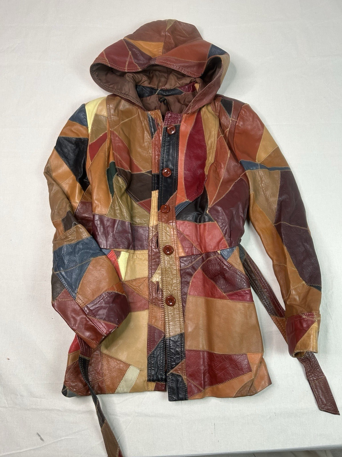 VINTAGE 1970\'S LEATHER PATCHWORK JACKET Belt + Hood Sz Women’s 13/14 Korea Rack