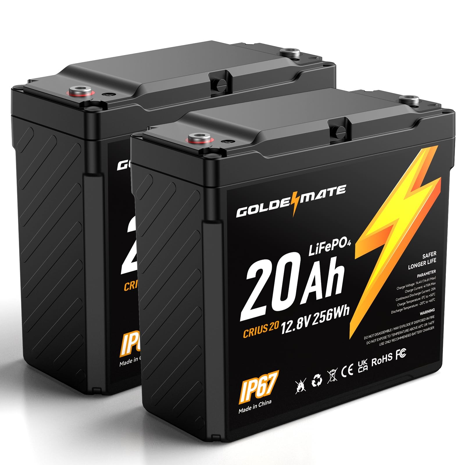 GOLDENMATE 12V 20Ah Lithium LiFePO4 Battery2 Packs, IP67 Waterproof
