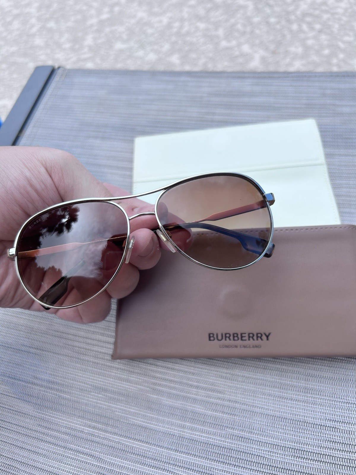Burberry Women’s Aviator Sunglasses Silver Metal Frame Brown Lenses Burberry Women’s Aviator Sunglasses Silver Metal Frame Brown Lenses