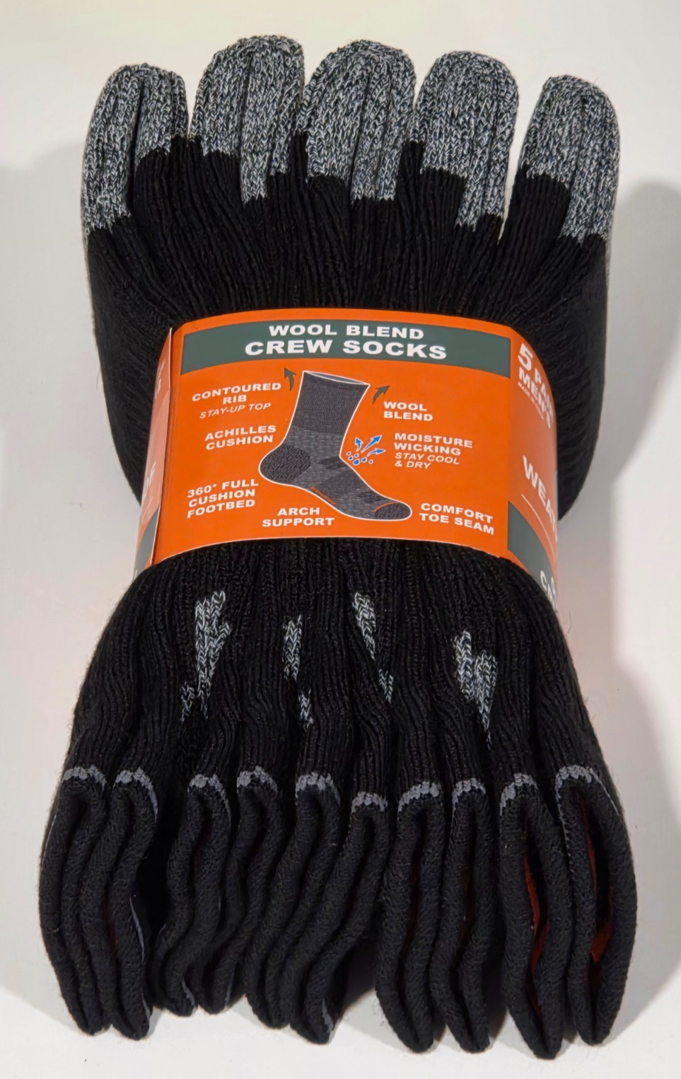 5 Pair Weatherproof Vintage Outdoor Wool Blend Crew Sock Sz 6-12 Black Gray Heel 5 Pair Weatherproof Vintage Outdoor Wool Blend Crew Sock Sz 6-12 Black Gray Heel