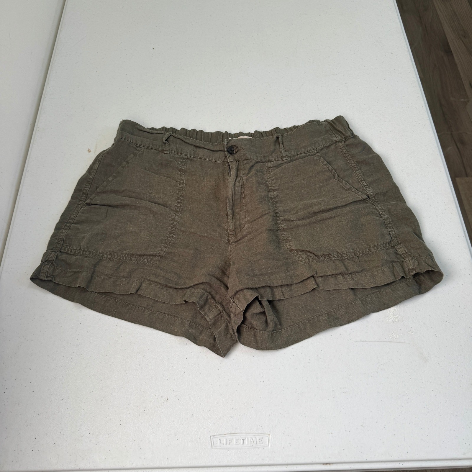 Lou & Grey for LOFT Olive Green Linen Blend Elastic Back Shorts Medium
