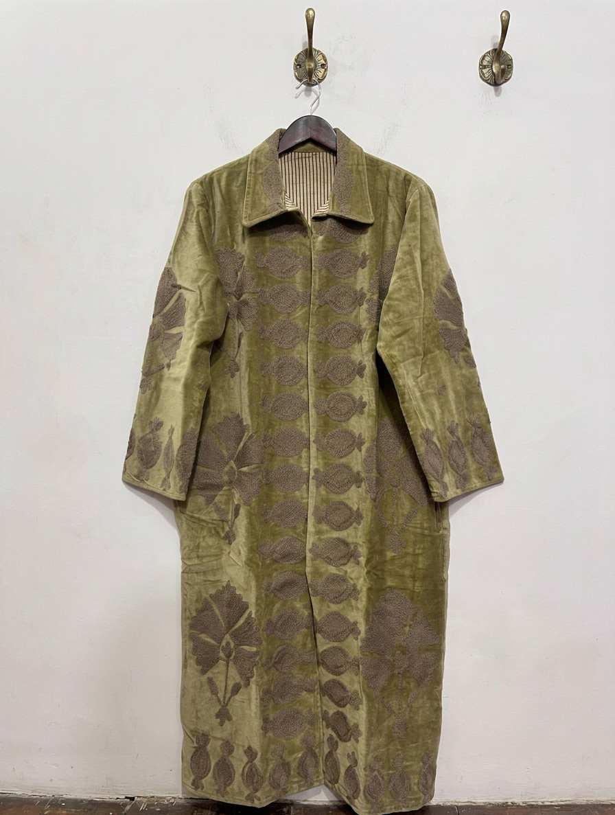 Hand Embroidered Beige Velvet Long Coat Floral Boho Women\'s Jacket Hand Embroidered Beige Velvet Long Coat Floral Boho Women\'s Jacket