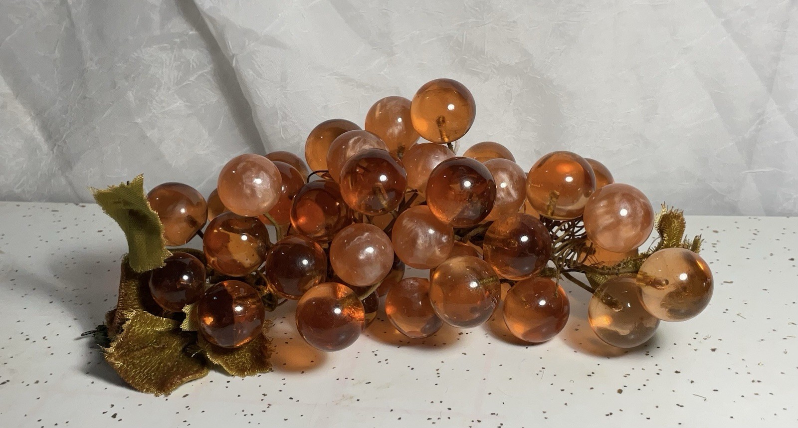 Vintage Mid Century Amber Lucite Resin Grapes With Leaves On Stem 9”