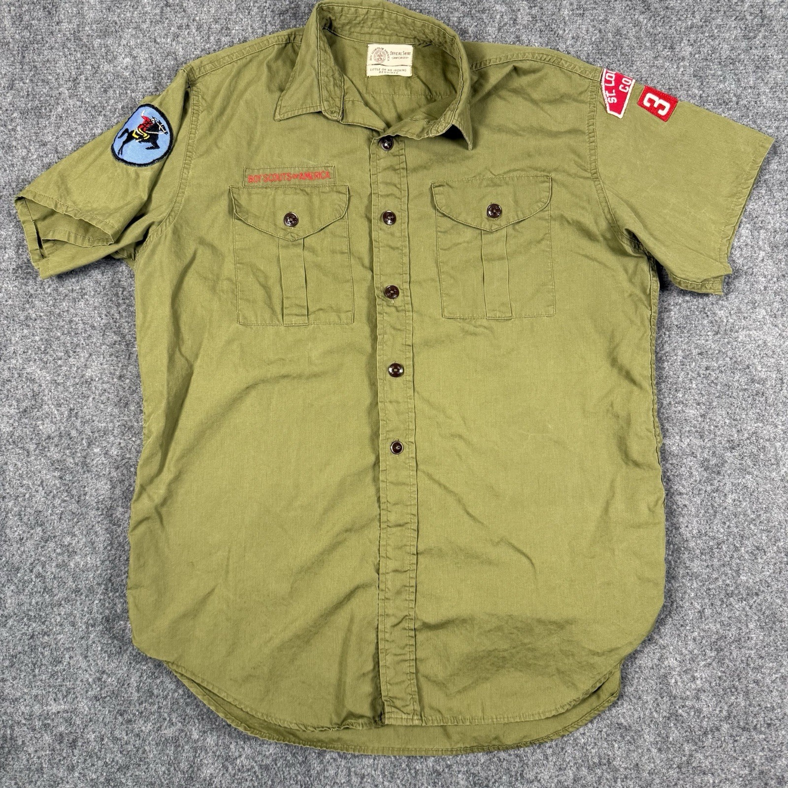 Vintage Boy Scouts of America Shirt Short Sleeve Olive Green Patches Sanforized
