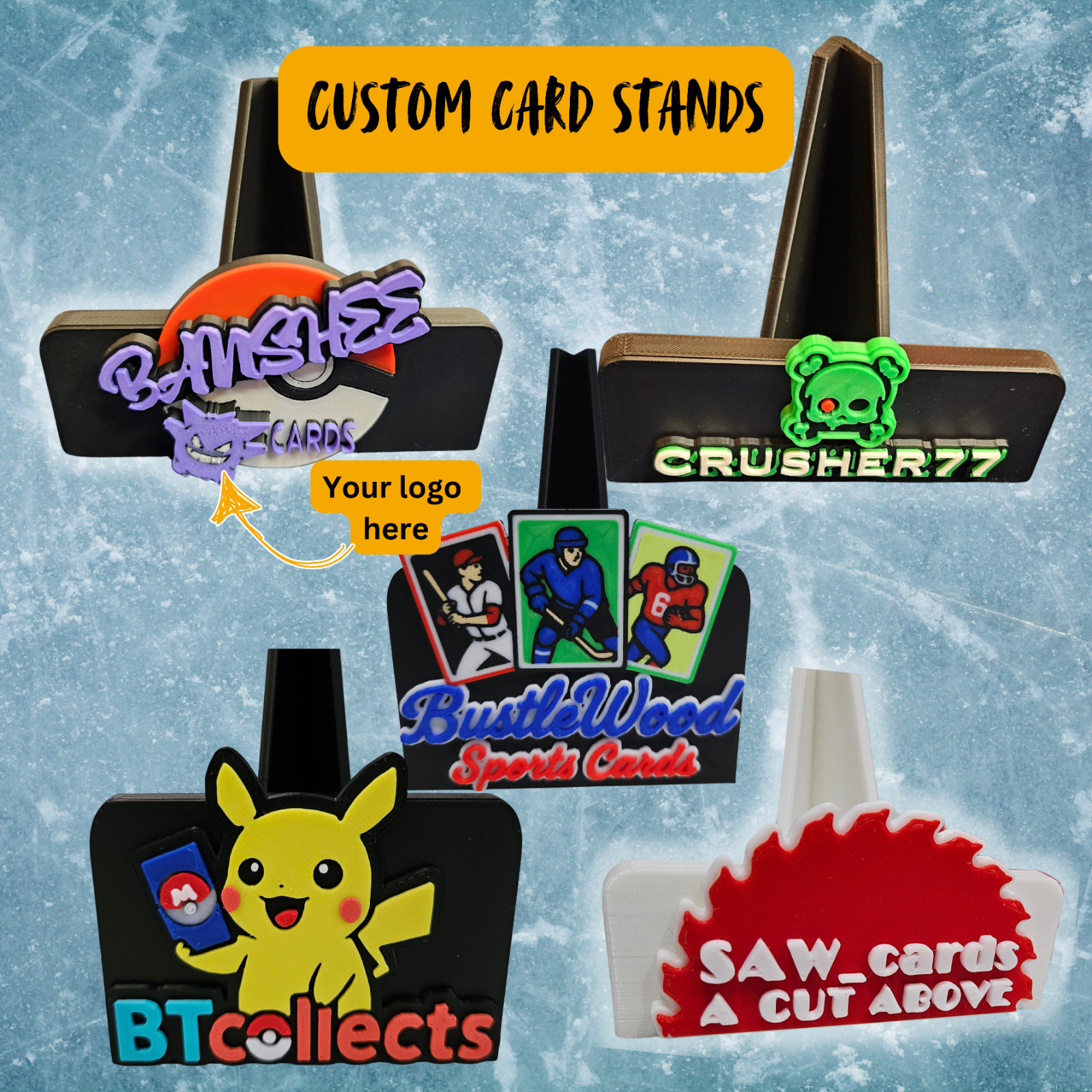 Custom Card Stands (add your logo), For Sports Cards, Pokemon, MTG, Breakers