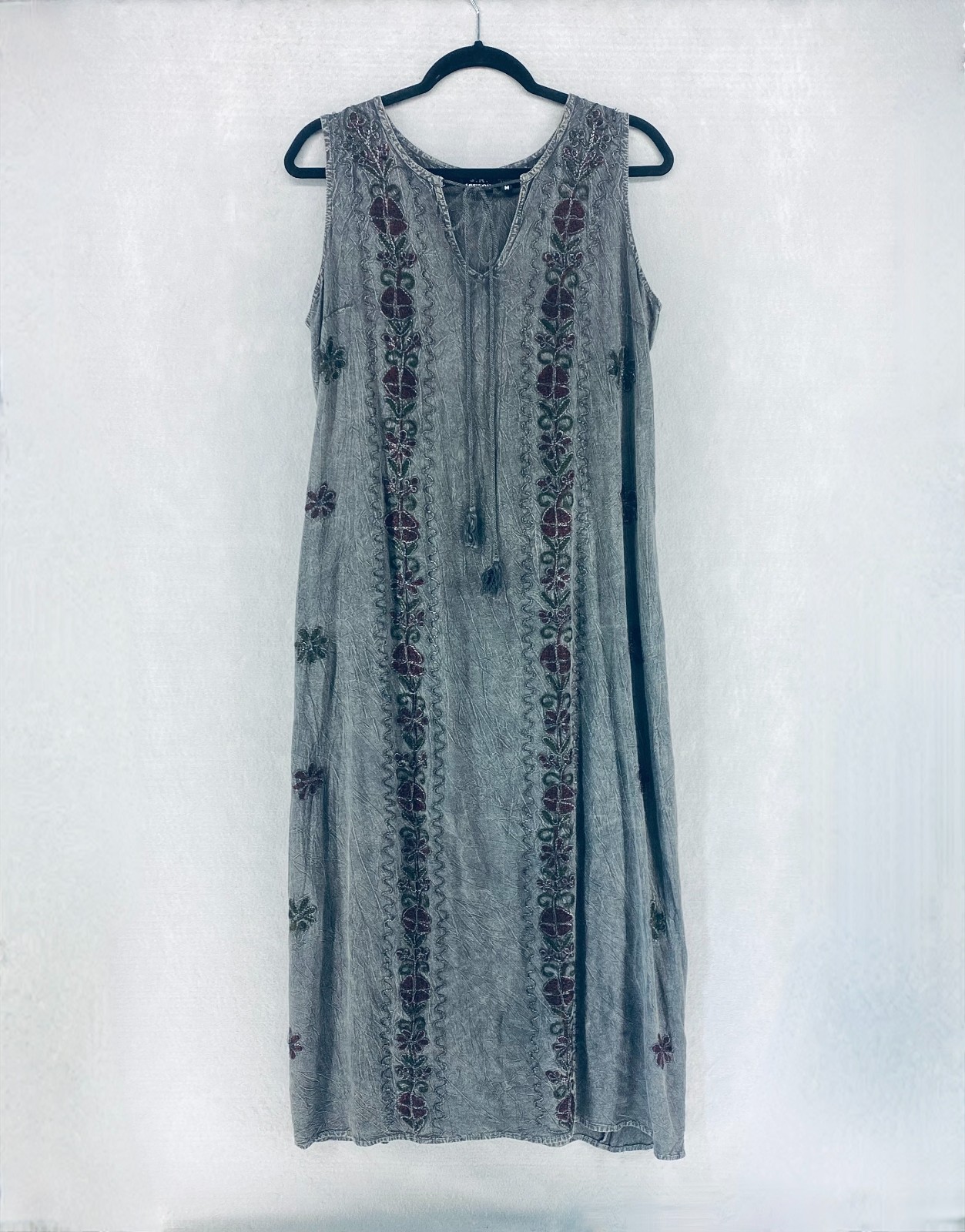 Vintage Cottagecore Dress Womens M Gray Floral Embroidered Maxi Boho Hippie y2k