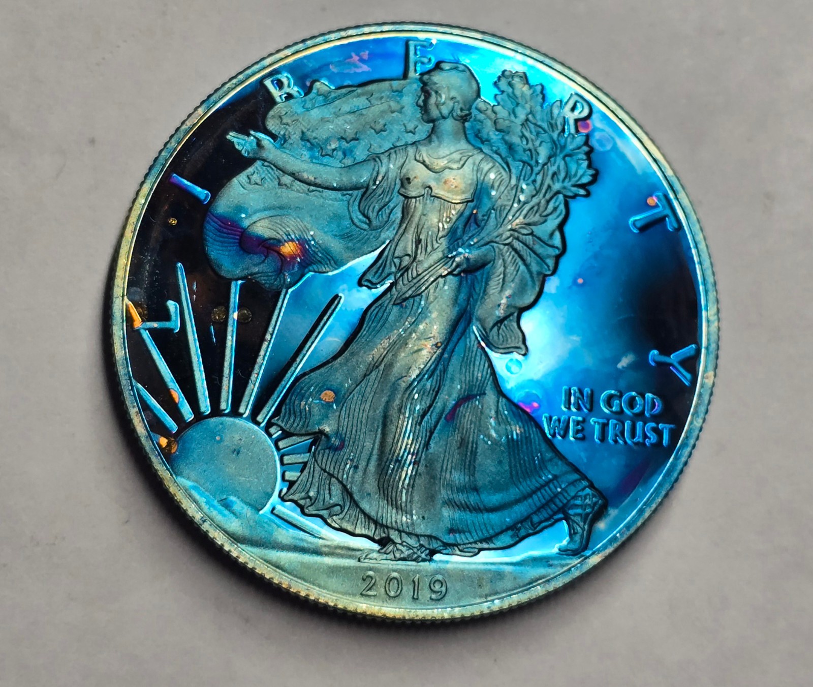 2019-W American Silver Eagle One Ounce Reverse Proof Coin with OGP COA - Toned 2019-W American Silver Eagle One Ounce Reverse Proof Coin with OGP COA - Toned