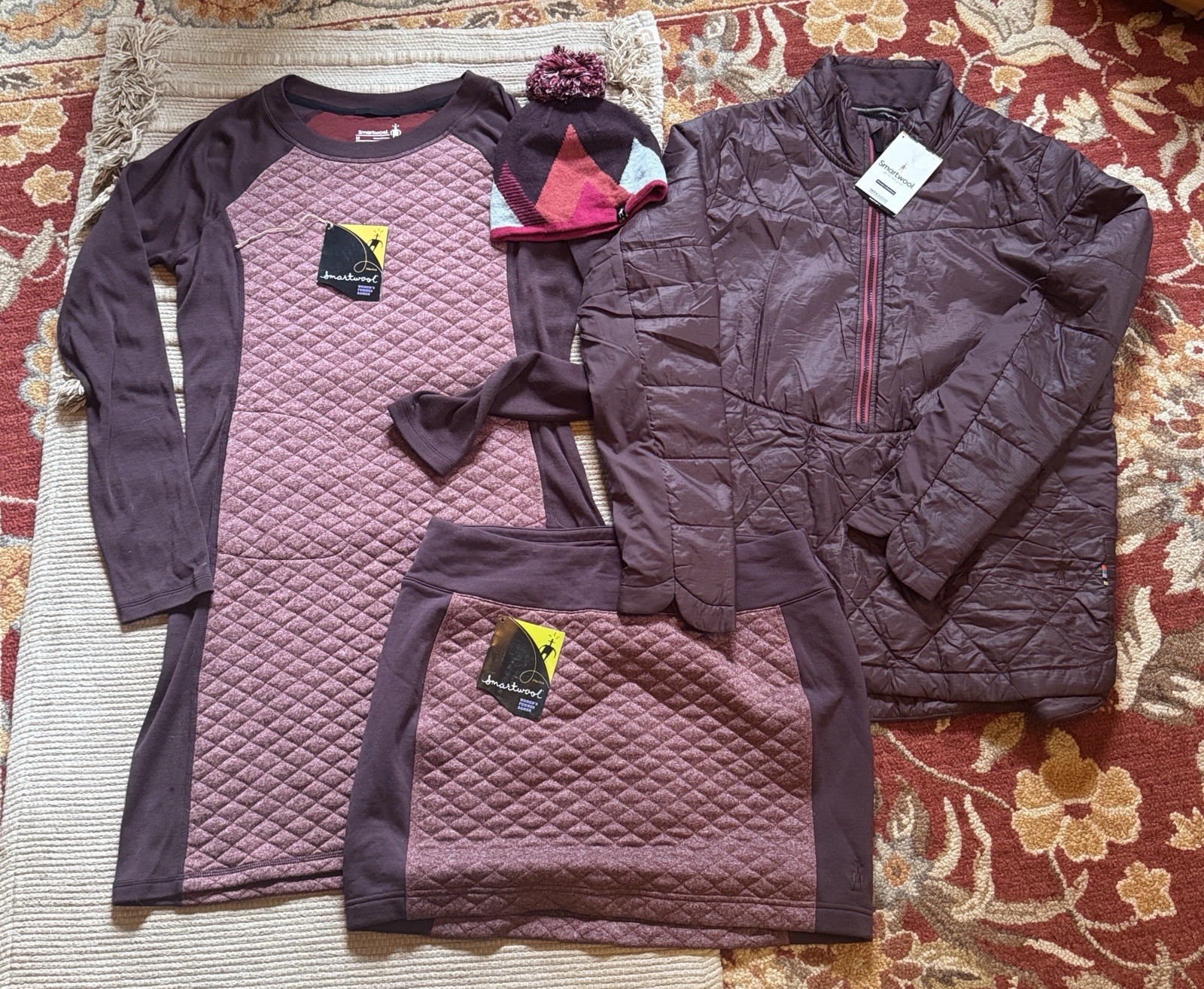 Smartwool bundle of 4 Woodsmoke Wine merino wool M dress L jacket & beanie NEW