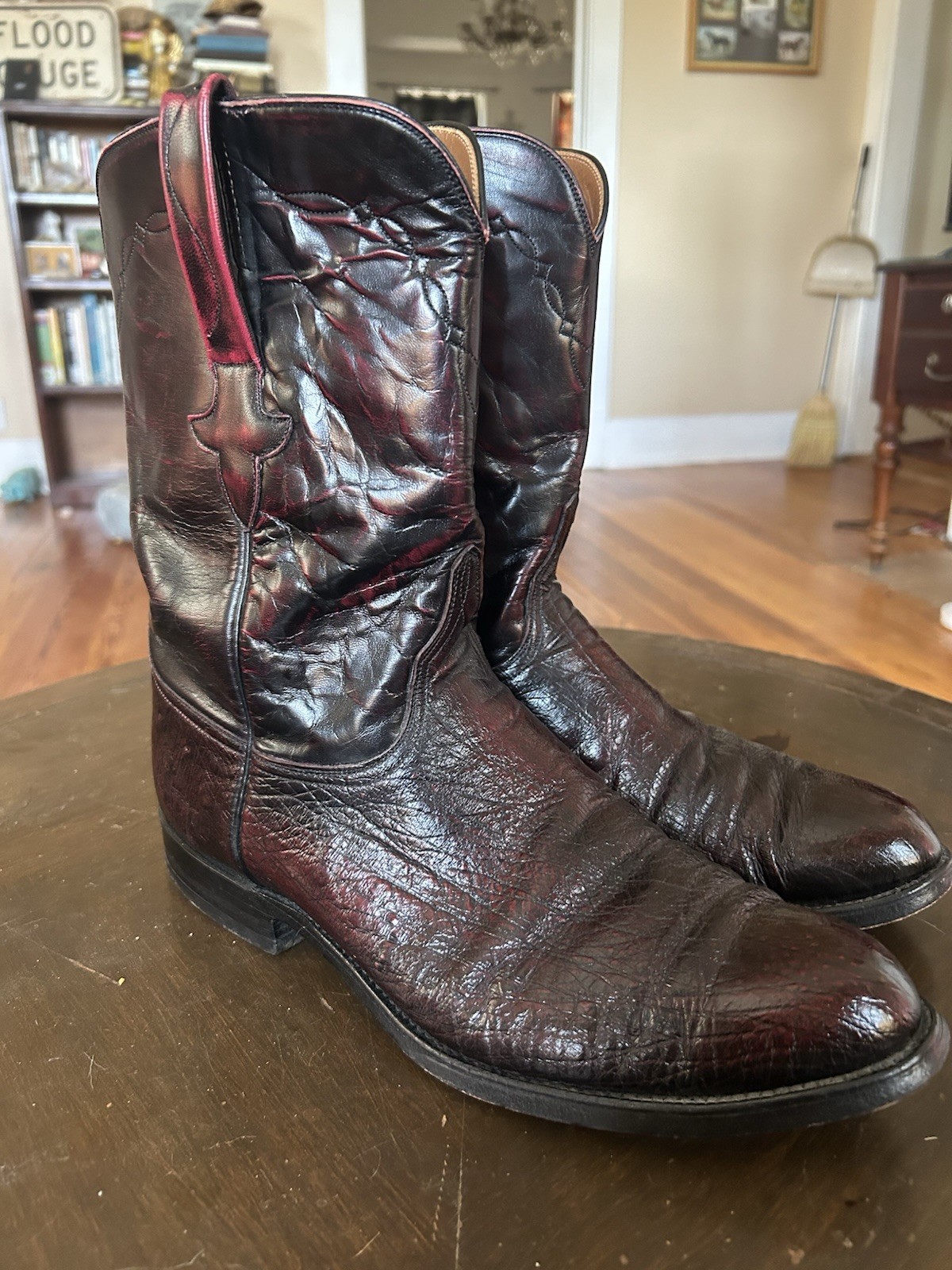 Vintage Lucchese Ostrich Cowboy Roper Boots Mens Size 10 1/2D Black Cherry 