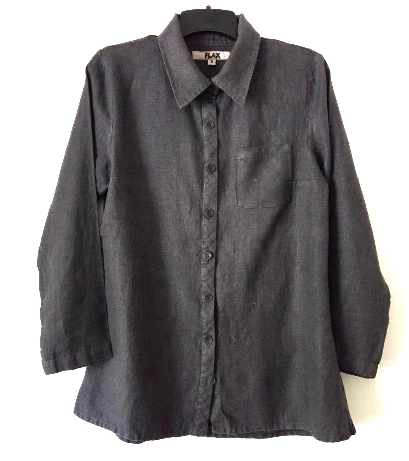 FLAX Linen SMALL Bias Back Shirt Charcoal Long Sleeve-Buttons-Pocket-Collar NEW