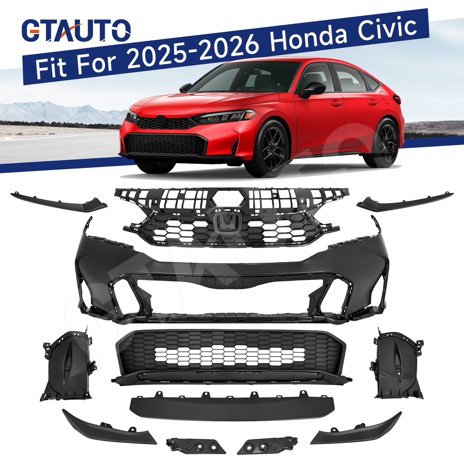 For 25-26 Honda Civic Complete Front Bumper Grill Kit Primed w/Matte Black Bezel