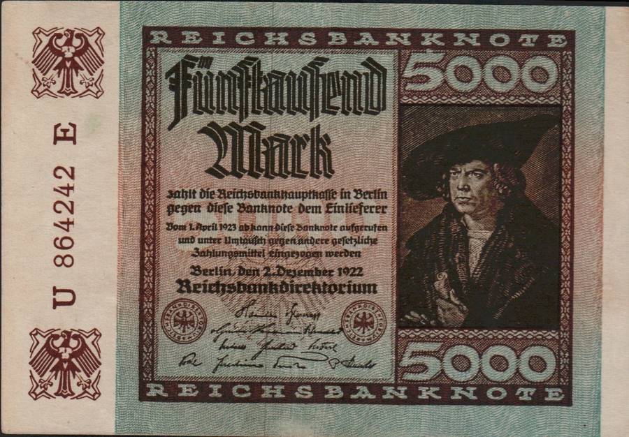 1923 Germany Weimar Republic Hyper Inflation 5000 Mark Banknote