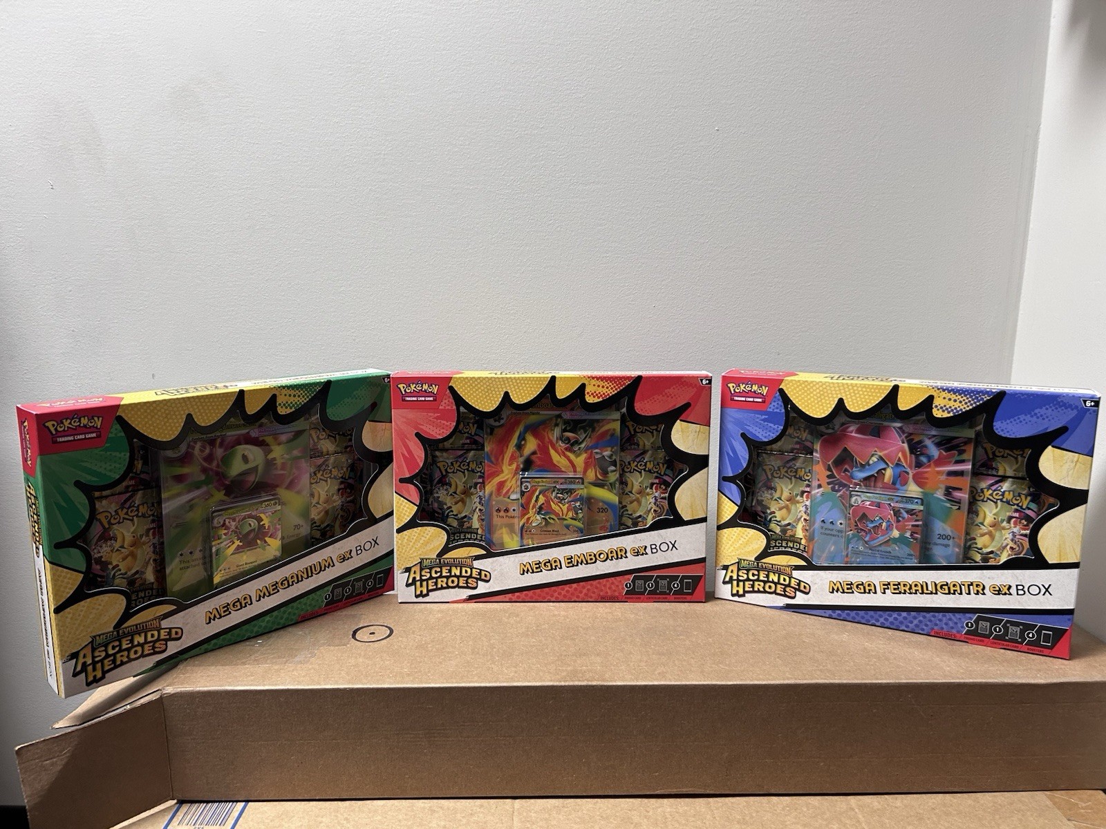Pokemon Ascended Hero’s Mega Ex Bundle, Mega Ex Emboar, Meganium, Feraligatr.