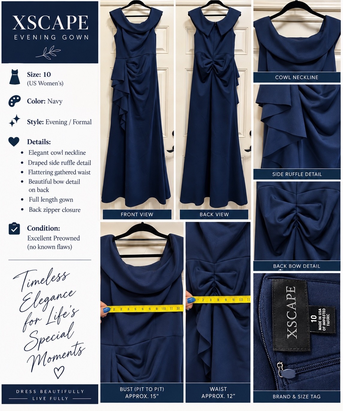 XSCAPE Navy Cowl Neck Formal Gown Size 10