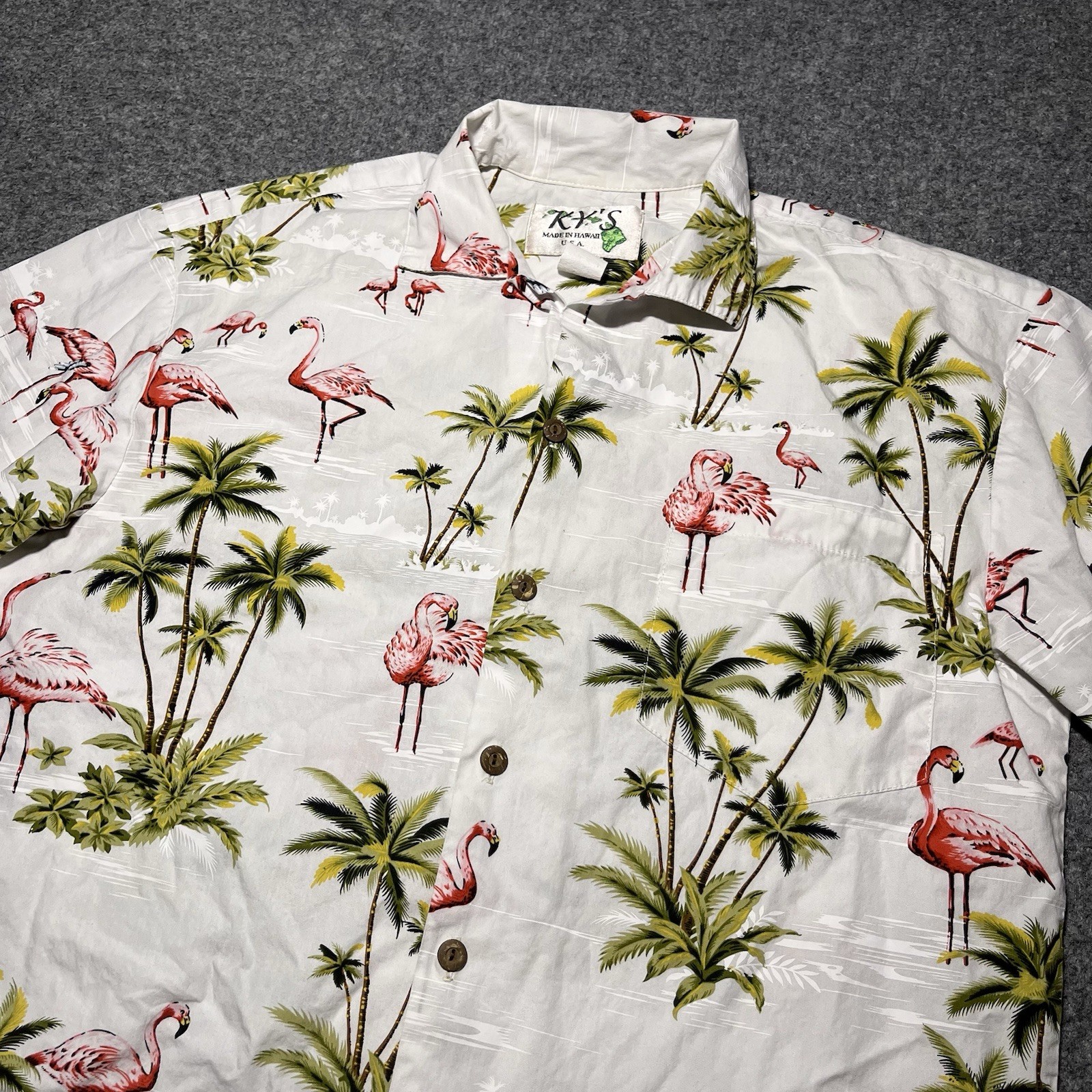 Vintage KY\'S Hawaiian Shirt Mens Small Flamingo Palm All Over Print USA 90s