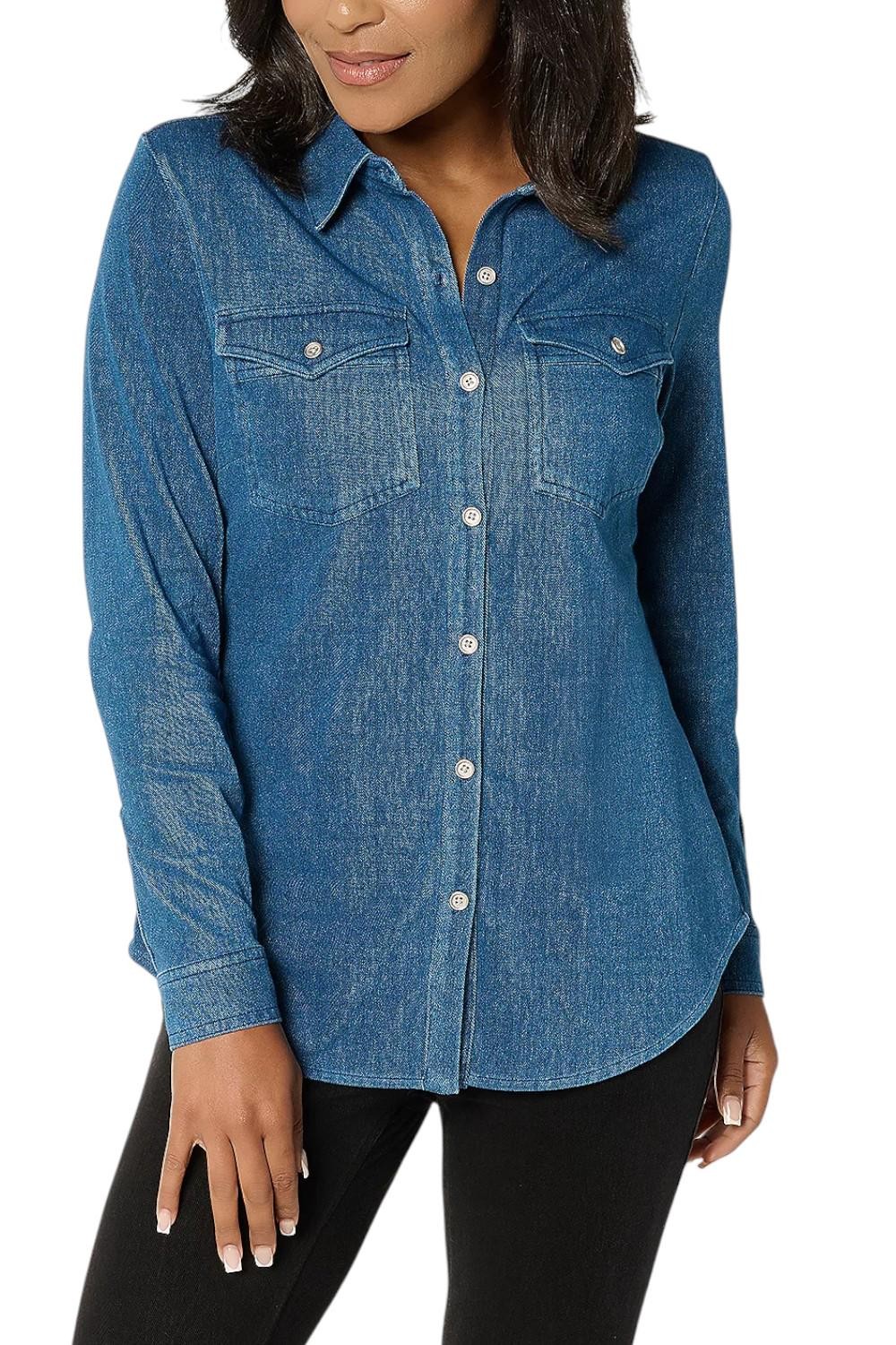 Susan Graver Women\'s Cool Touch Denim Button Front Shirt Medium Wash