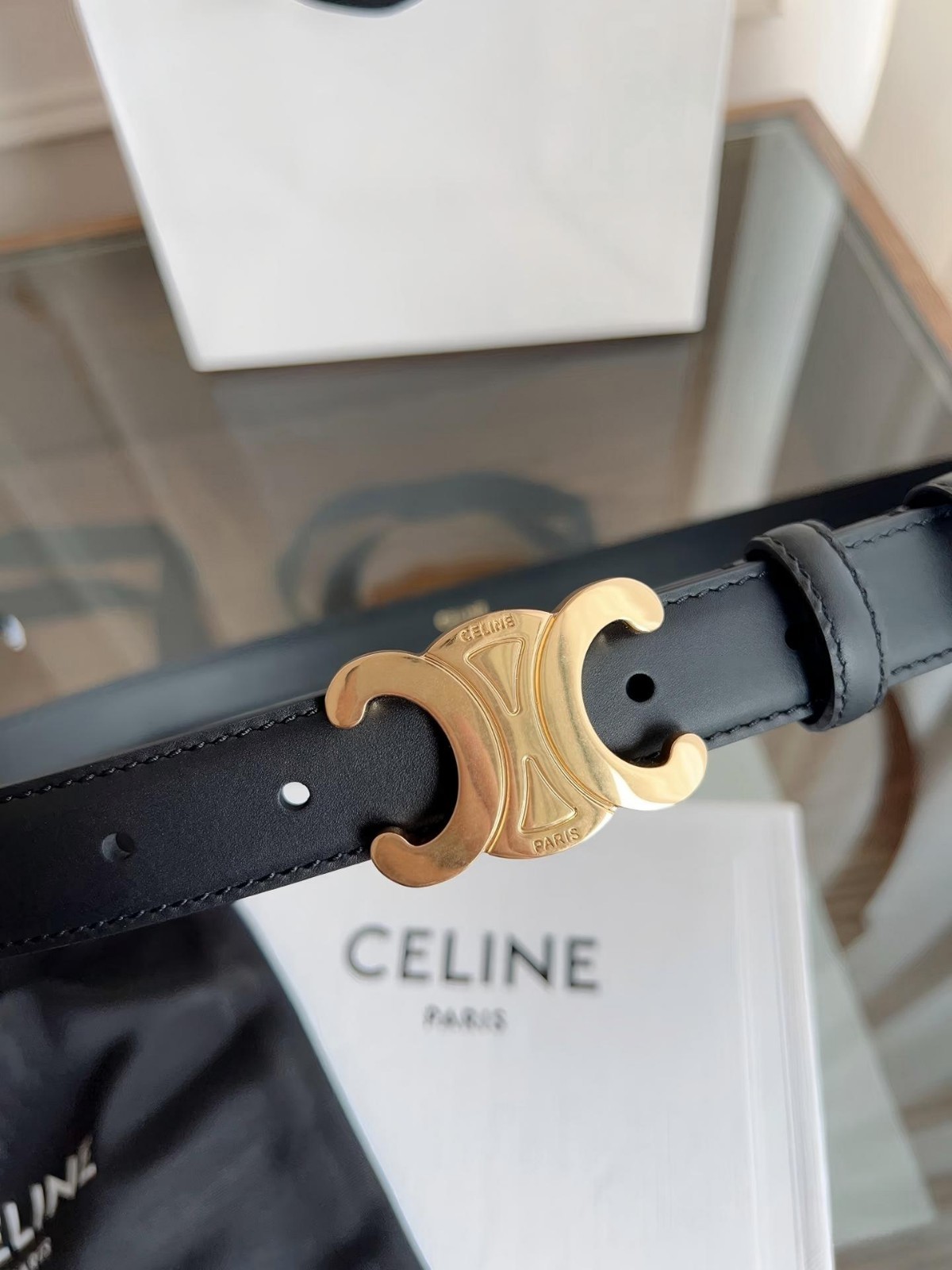 Celine Black Leather Belt with Gold Logo, Size 80