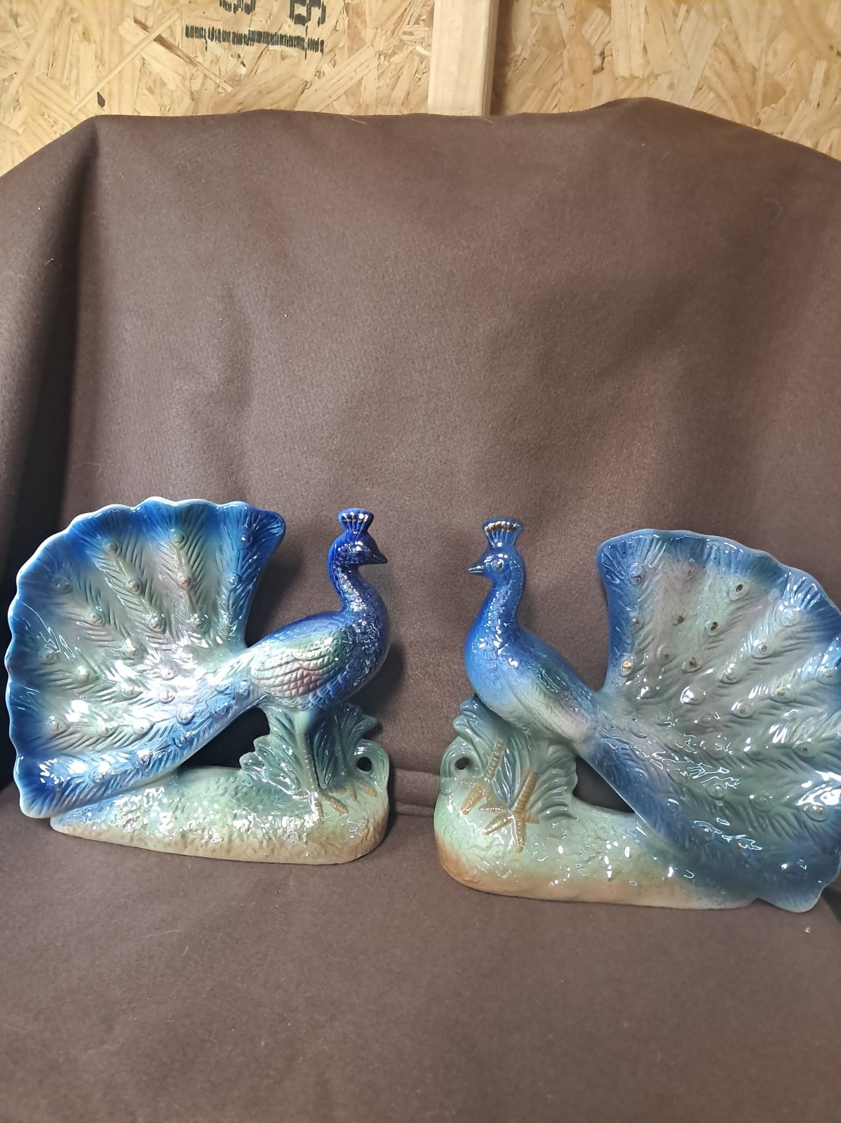 2 Lusterware Peacocks With Fanned Out Tails