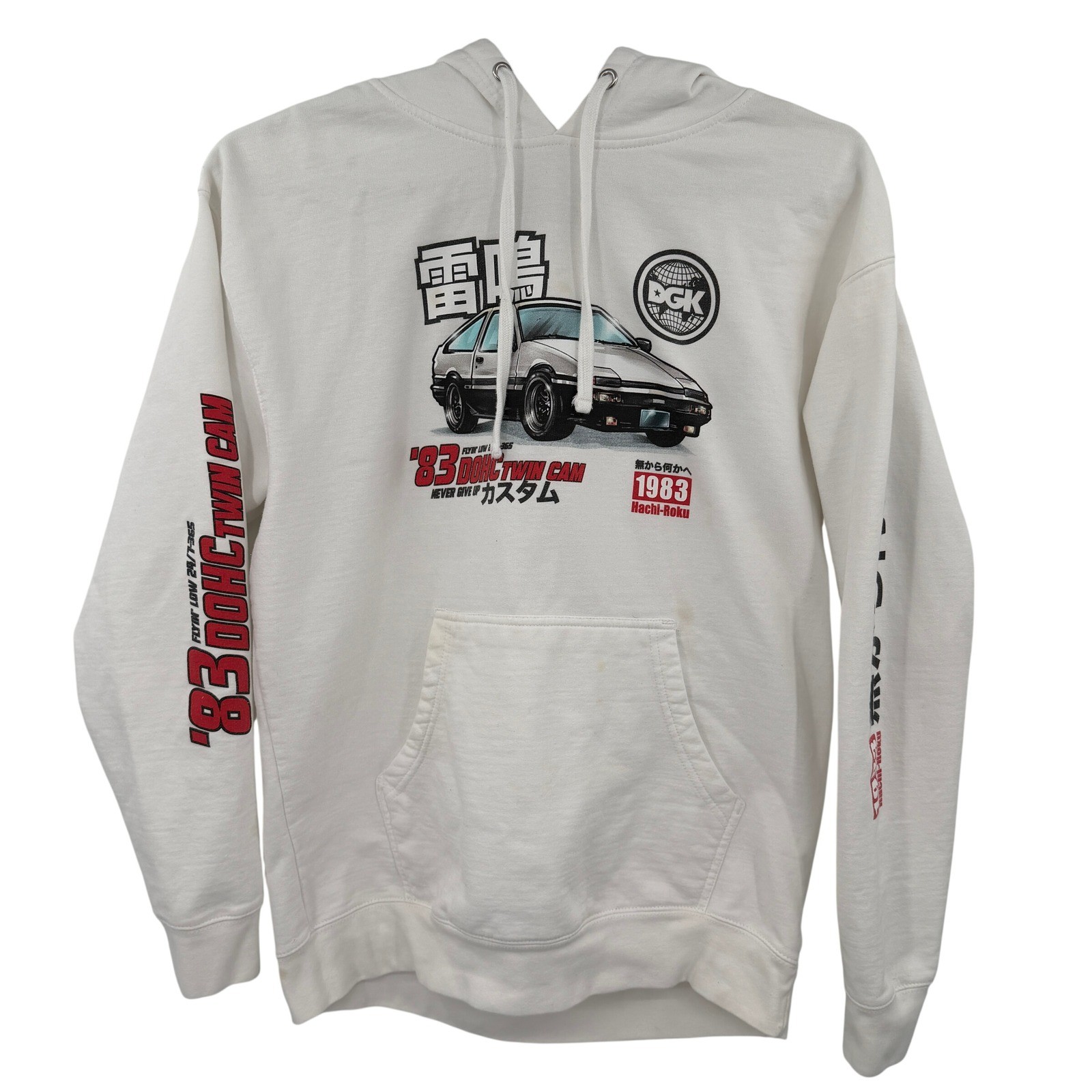 DGK Mens White 83 DOHC Twin Cam Hachi-Roku AE86 JDM Racing Hoodie Large