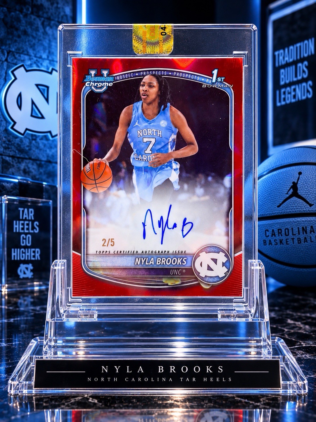 2025-26 Bowman Nyla Brooks Chrome On Card Auto Red /5 North Carolina Tar Heels