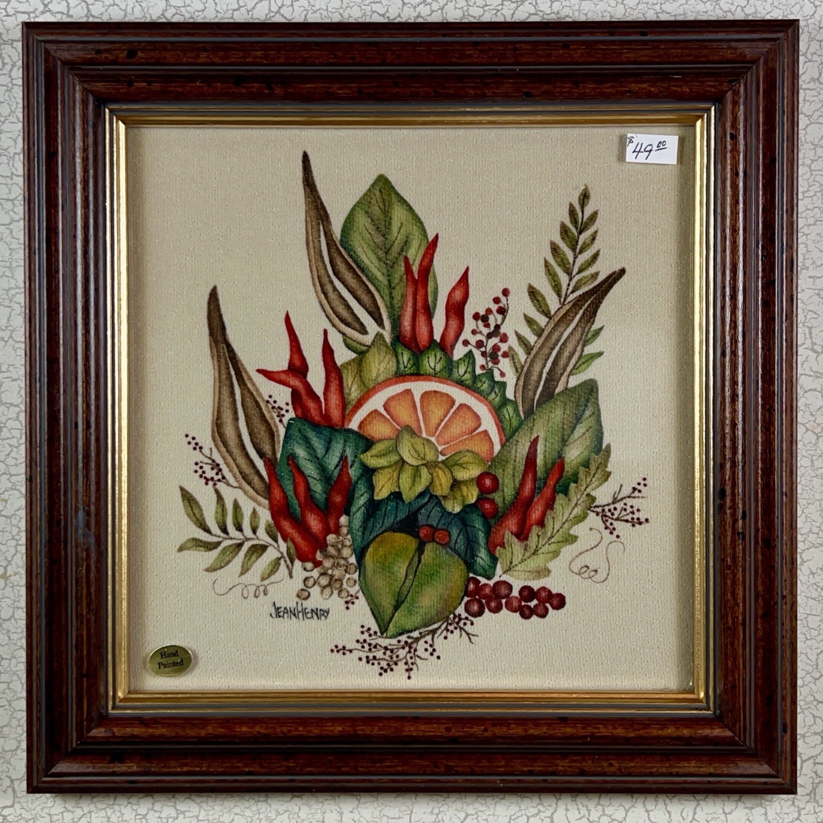 Theorem Painting by Jean Henry “Orange slice w/seed pods and chilli’s 6x6 (93)