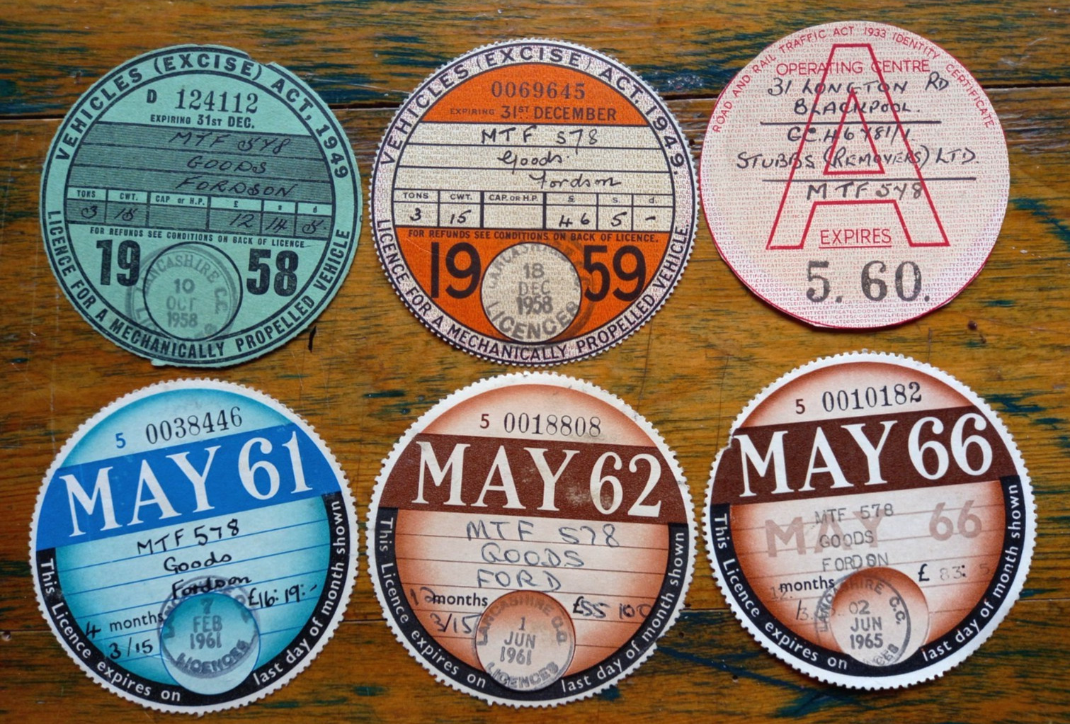 Rare 1958/66 UK Tax Discs Set Windscreen Identity Cert Fordson Commercial Truck
