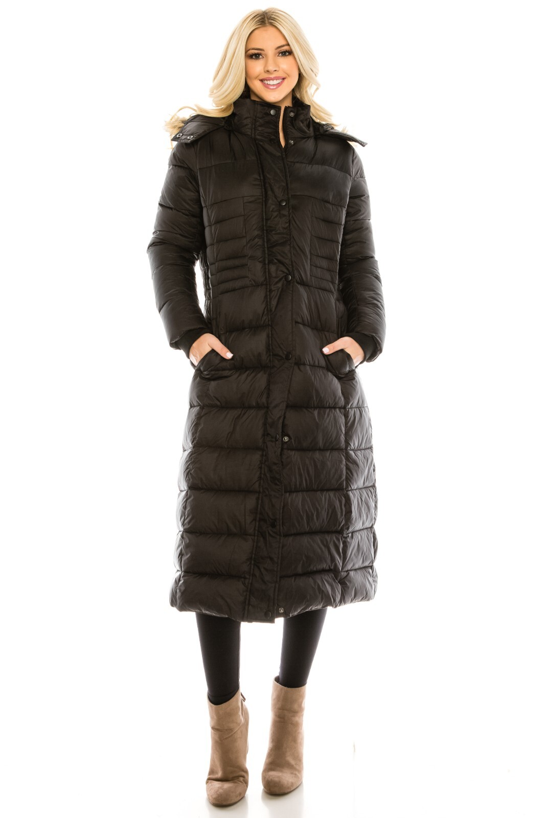 Haute Edition Women\'s Maxi Length Quilted Puffer with Fur Lined Hood