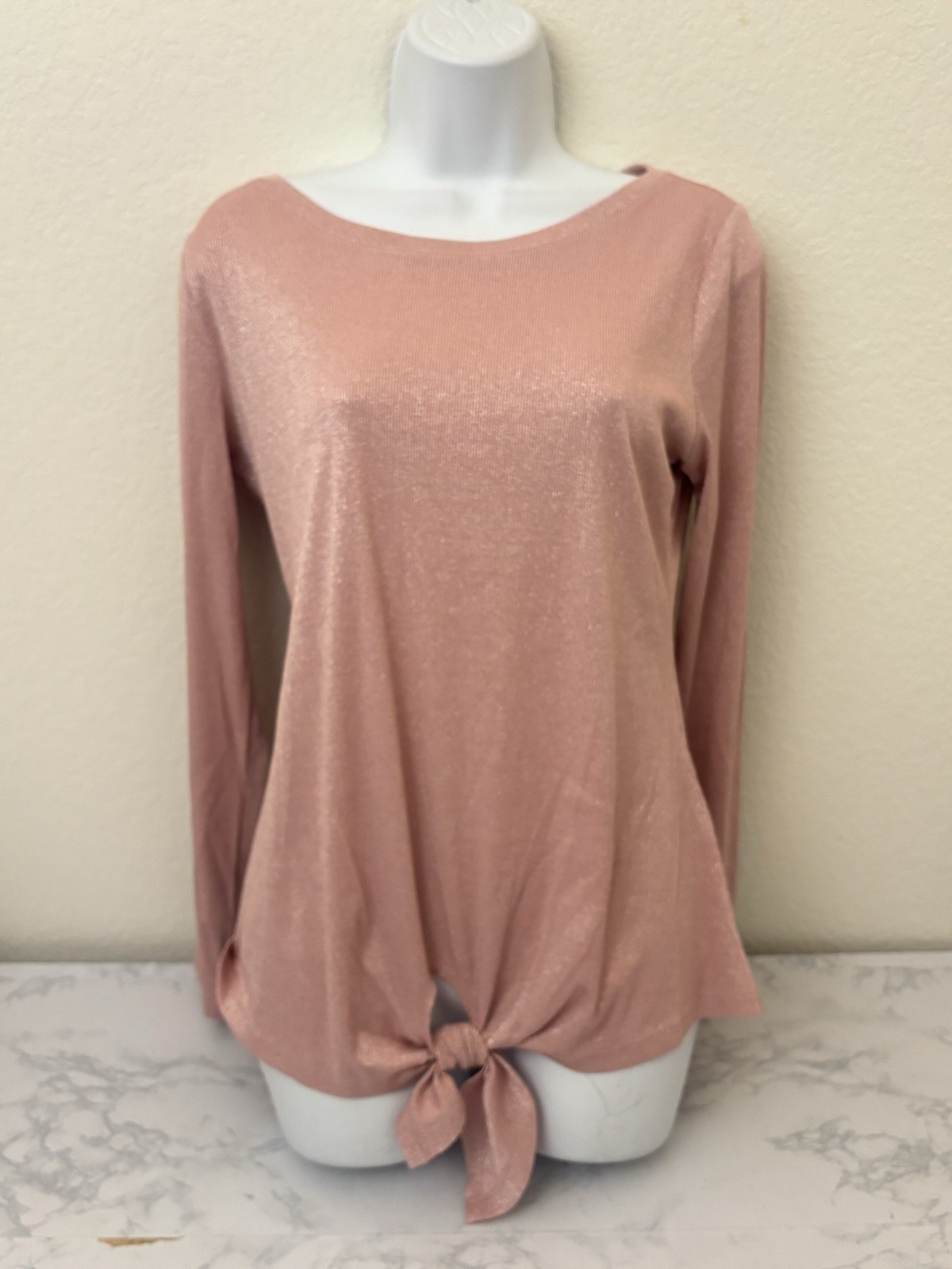 INC International Concepts Shimmer Long Sleeve Top Womens M Pink Waist Tie D