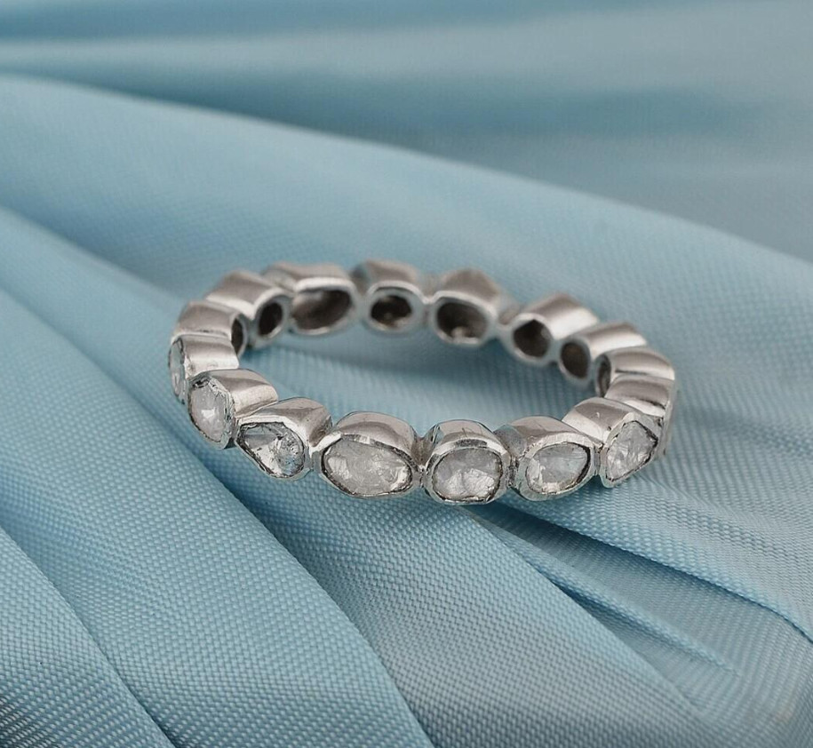 Elegant Victorian Rose Cut Polki Band Ring Silver Diamond Wedding Bridal Ring