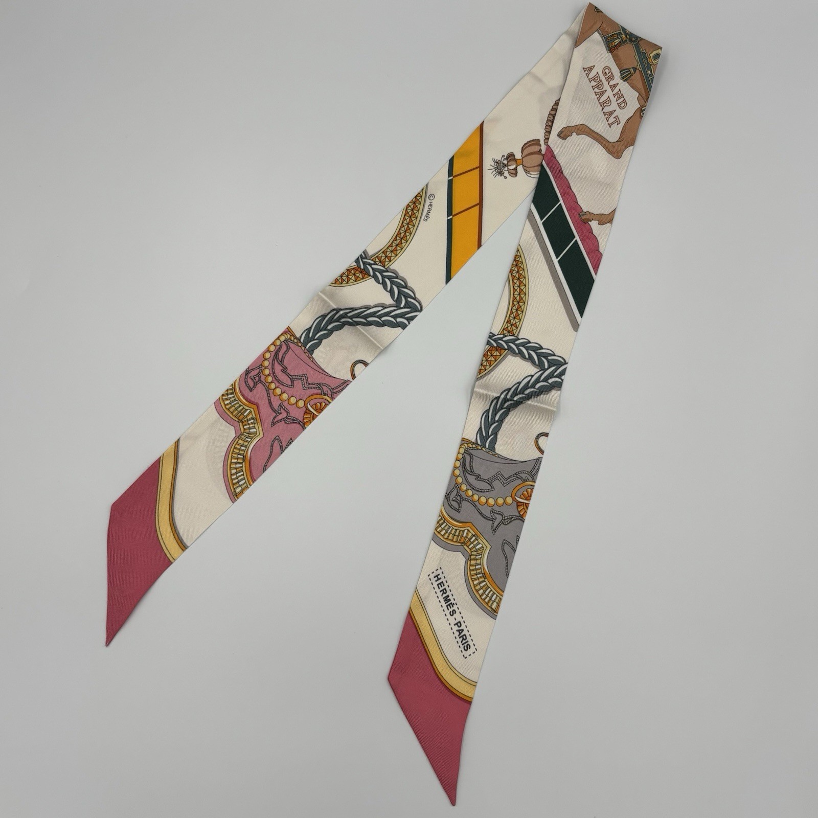 Hermes Grand Apparat Twilly Scarf Rose Nacre Gold Anthracite Silk