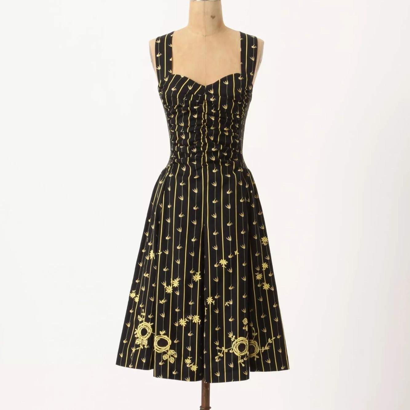 Anthropologie Moulinette Soeurs Dress Size 8 Black Yellow Cotton Floral Midi