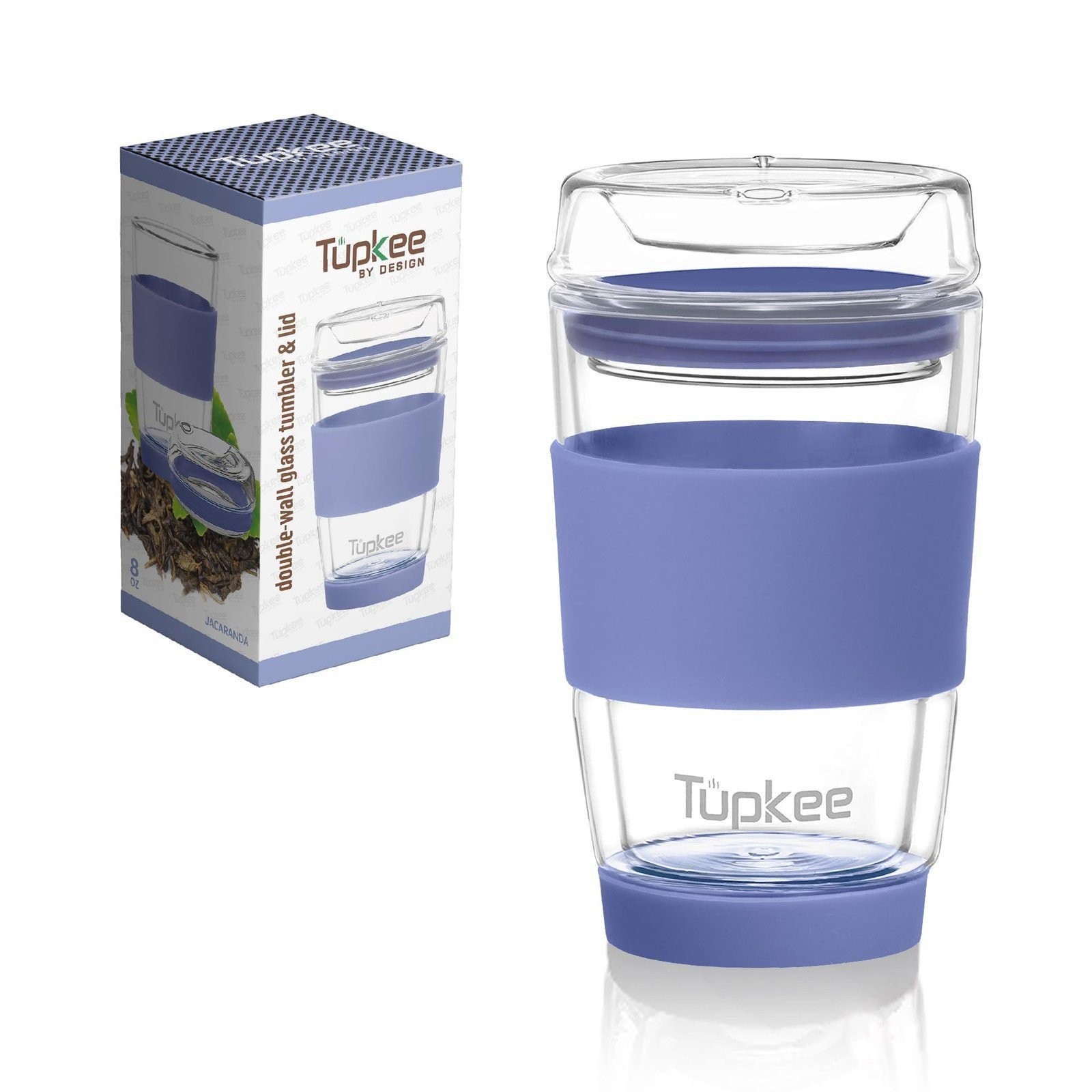 Tupkee All Glass Travel Double Wall Glass Tumbler & Lid - 8 ounce - Jacaranda