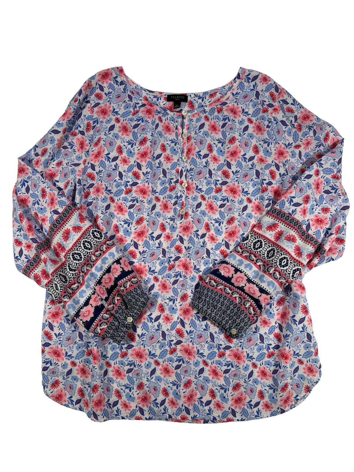 Talbots Large/Petite Floral Blouse Womens Long Sleeve Pink Blue Border Print Top