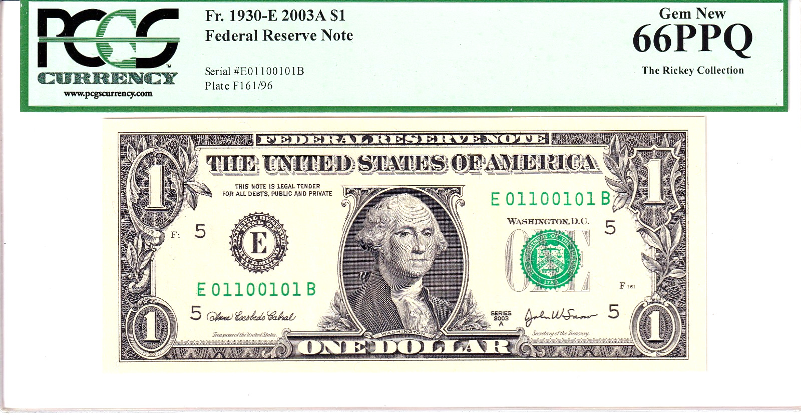 2003-A $1 FRN PCGS Gem New 66PPQ Fancy TRUE 0/1 BINARY Serial #E01100101B