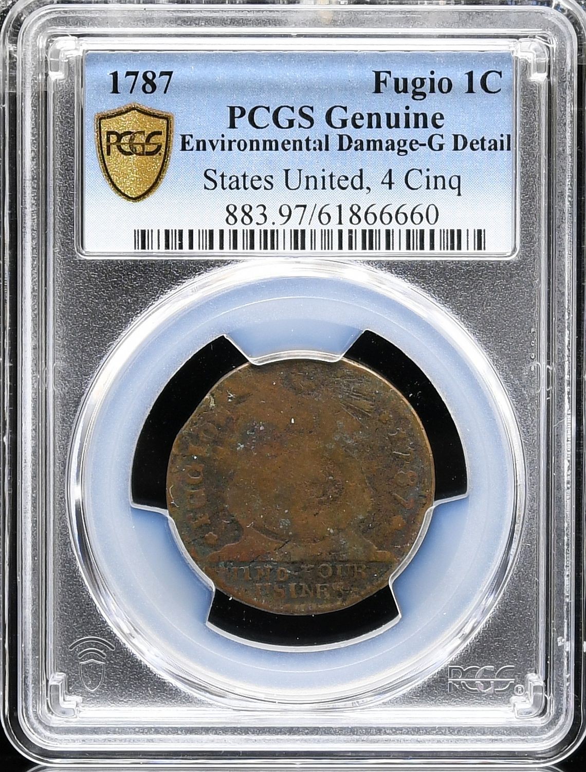 1787 States United 4 Cinq Colonial Copper Fugio Cent 1C PCGS G
