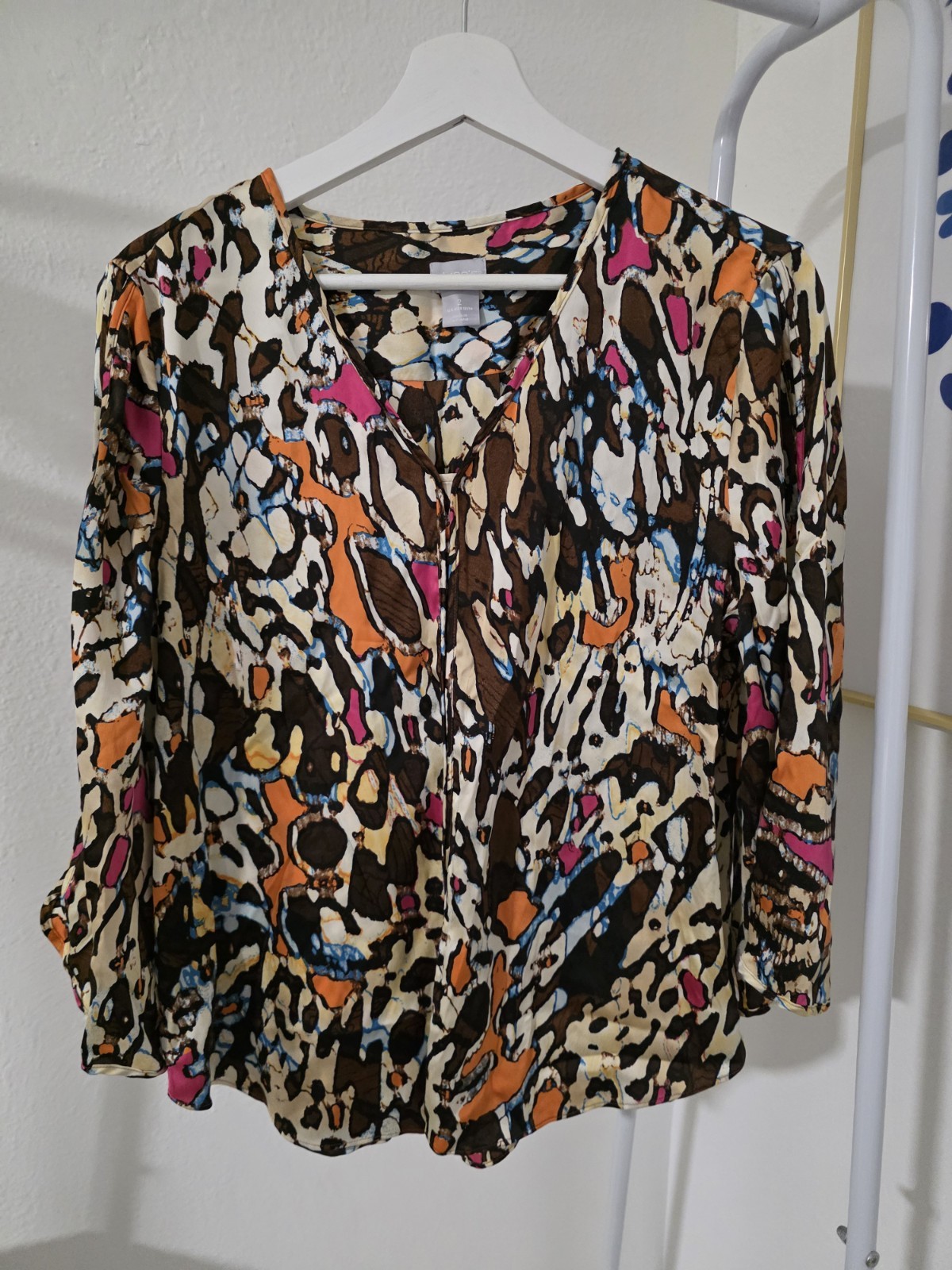 Chico\'s Multicolor Animal Print V-Neck Ruched 3/4 Sleeve Blouse Size 2