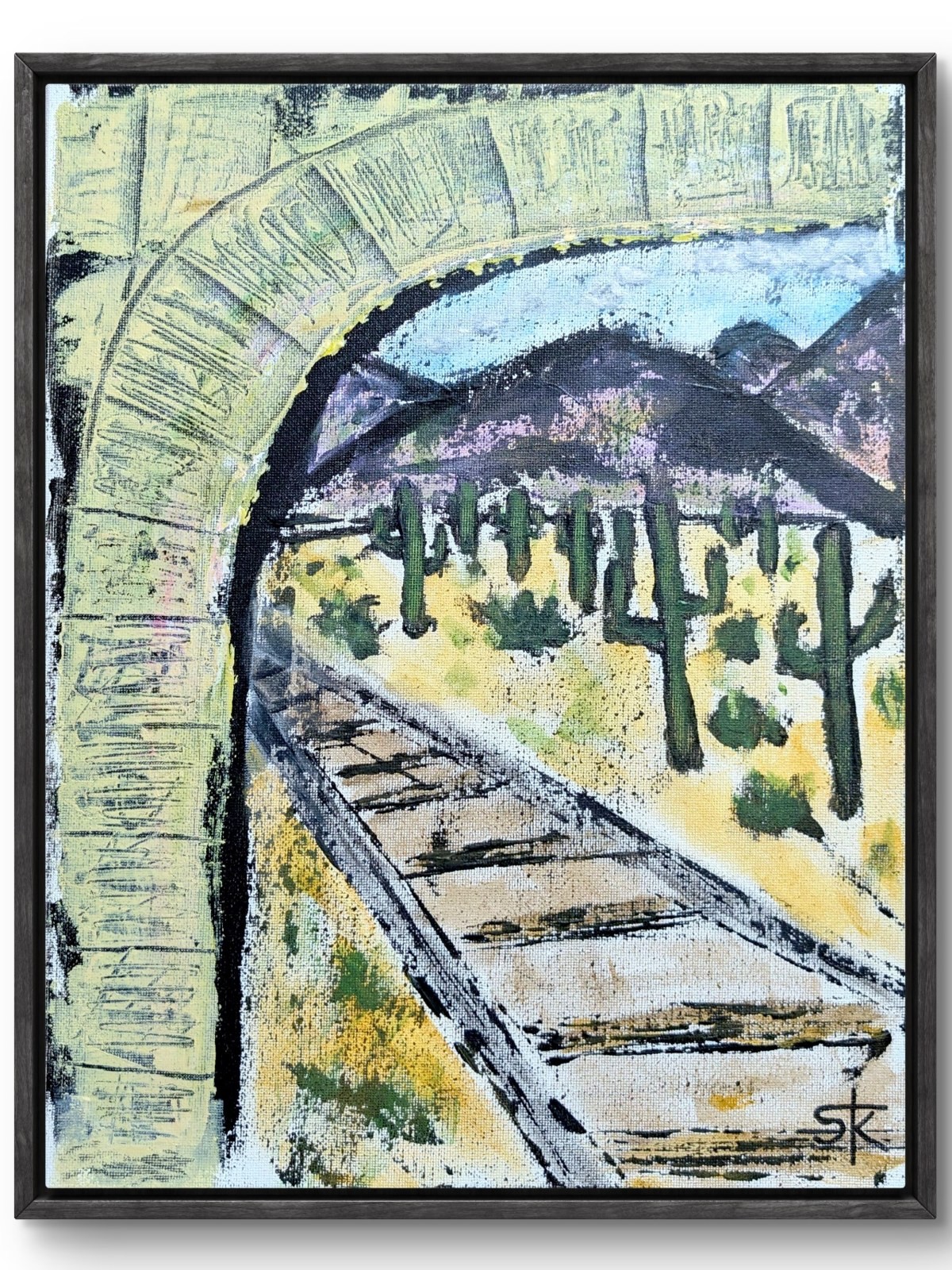 Original 14x11 Impressionist Desert Railroad Arch Acrylic Painting Signed Canvas