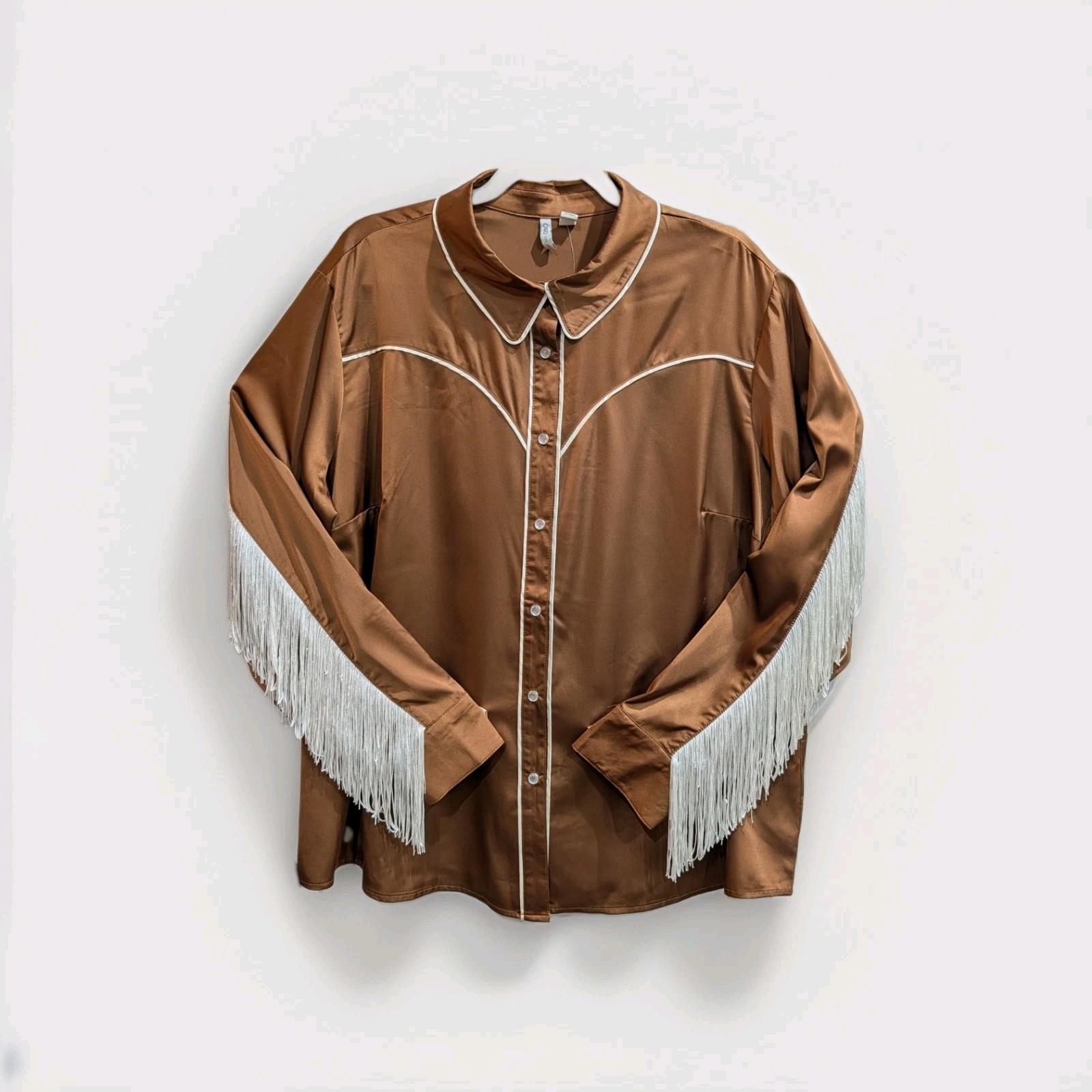 Cato Womens Brown Satin Rodeo Fringe Western Pearl Snap Top Size 18/20W Country