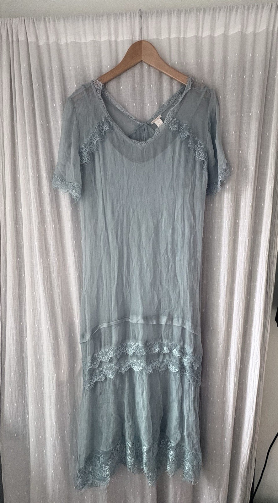 Sundance Gilda lace-trim maxi dress in light blue cupro material Size 6