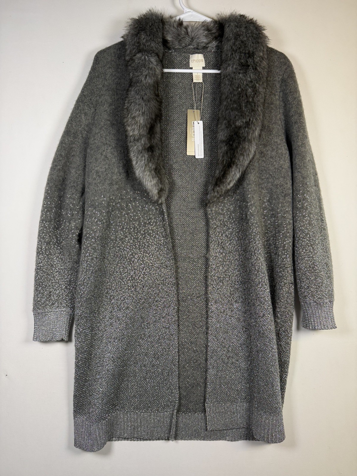 Chico’s Size 1 (Medium 8/10) Ombre Shine Bridgette Cardigan Gray Silver Faux Fur